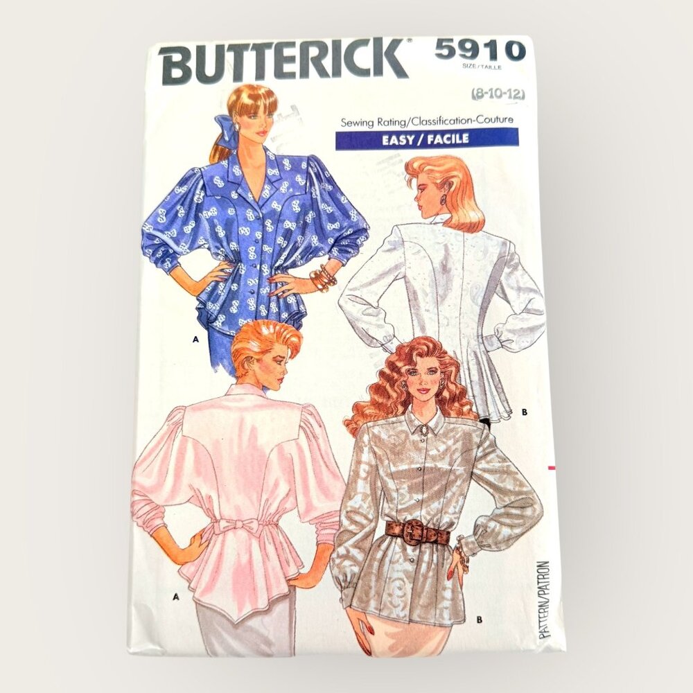 Vintage 1980s Butterick Sewing Pattern 5910 Misses Blouse Size 8-12